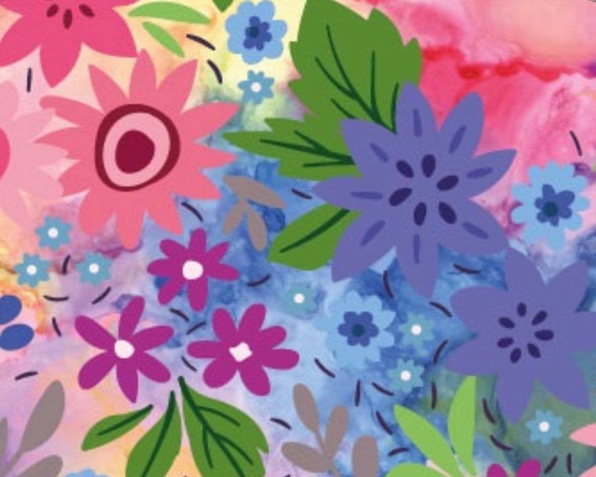 Image d’un motif floral multicolore avec des fleurs et des feuilles, idéal pour des accessoires de mode vibrants et colorés.