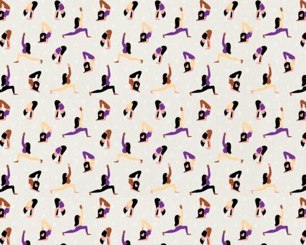 Image d’un motif représentant des personnes pratiquant différentes postures de yoga, idéal pour des accessoires de mode et de bien-être.
