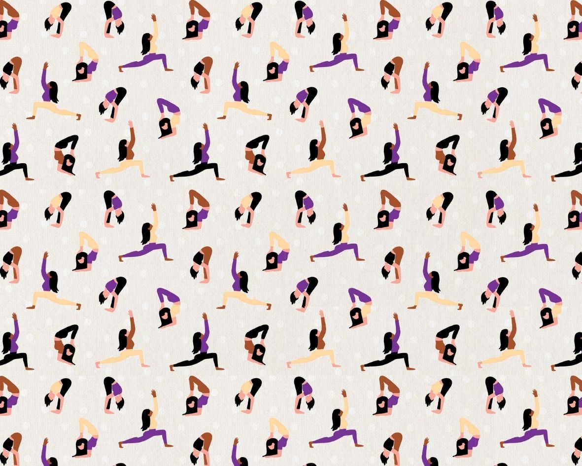 Image d’un motif représentant des personnes pratiquant différentes postures de yoga, idéal pour des accessoires de mode et de bien-être.