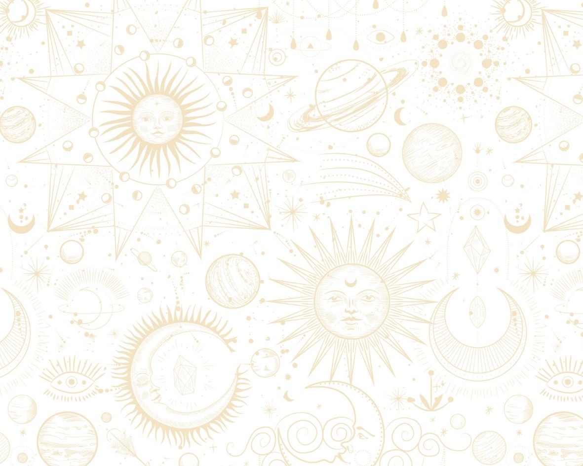 Image d’un motif astral doré avec des représentations du soleil, de la lune, des étoiles et des planètes, idéal pour des accessoires de mode élégants.