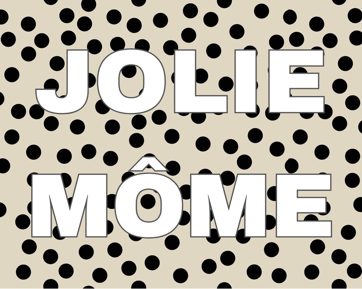 Image d’un motif à pois noir sur fond beige avec le texte “JOLIE MÔME” en lettres blanches, idéal pour des accessoires de mode chic et rétro.