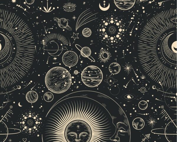 Image d’un motif céleste en noir et doré, représentant des soleils, des lunes et des planètes, idéal pour des accessoires de mode mystiques et élégants.
