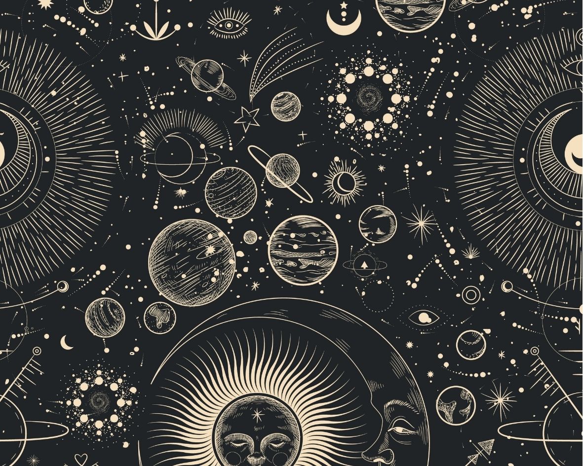 Image d’un motif céleste en noir et doré, représentant des soleils, des lunes et des planètes, idéal pour des accessoires de mode mystiques et élégants.