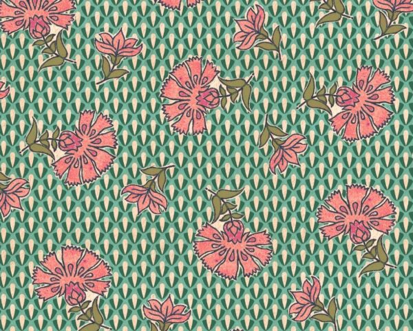 Image d’un motif floral avec des fleurs roses sur un fond vert, idéal pour des accessoires de mode frais et printaniers.