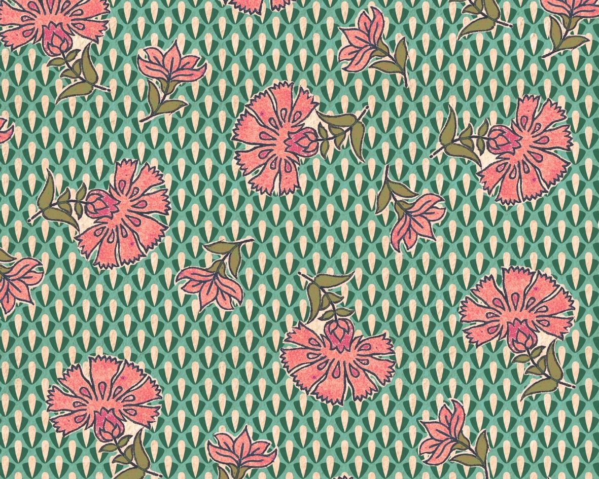 Image d’un motif floral avec des fleurs roses sur un fond vert, idéal pour des accessoires de mode frais et printaniers.