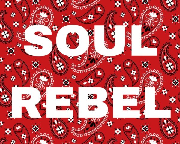 Image d’un motif bandana rouge avec le texte “SOUL REBEL” en blanc, idéal pour des accessoires de mode audacieux et rebelles.