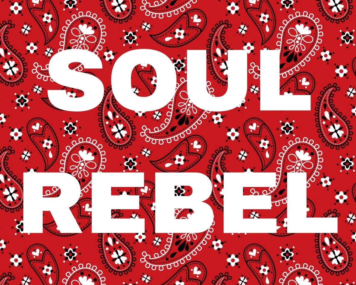 Image d’un motif bandana rouge avec le texte “SOUL REBEL” en blanc, idéal pour des accessoires de mode audacieux et rebelles.