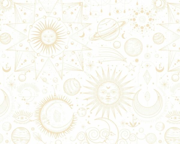 Image d’un motif astral doré avec des représentations du soleil, de la lune, des étoiles et des planètes, idéal pour des accessoires de mode élégants.