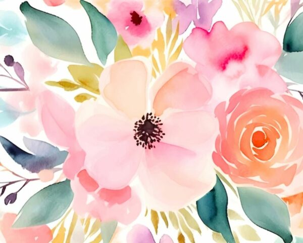 Image d’un motif floral en aquarelle avec des fleurs multicolores, idéal pour des accessoires de mode doux et artistiques.