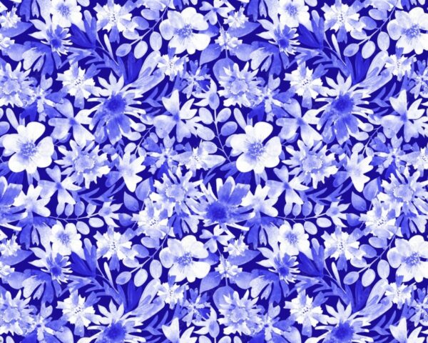 Image d’un motif floral en bleu et blanc, idéal pour des accessoires de mode élégants et rafraîchissants.
