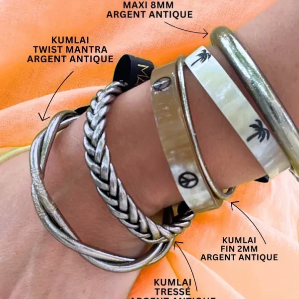 Jonc bouddhiste twist MANTRA argent vieilli